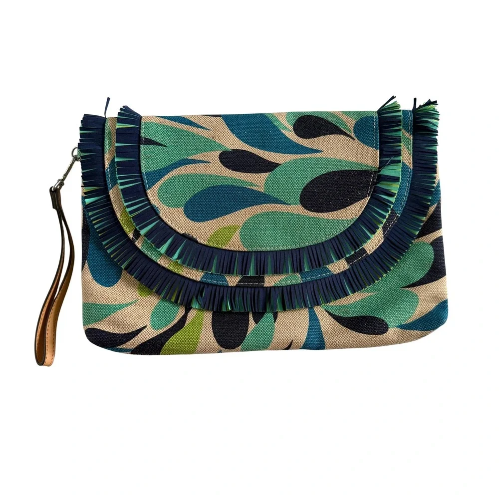 Vera Bradley Wristlet Clutch Blue Green Abstract Fringe Canvas Bag